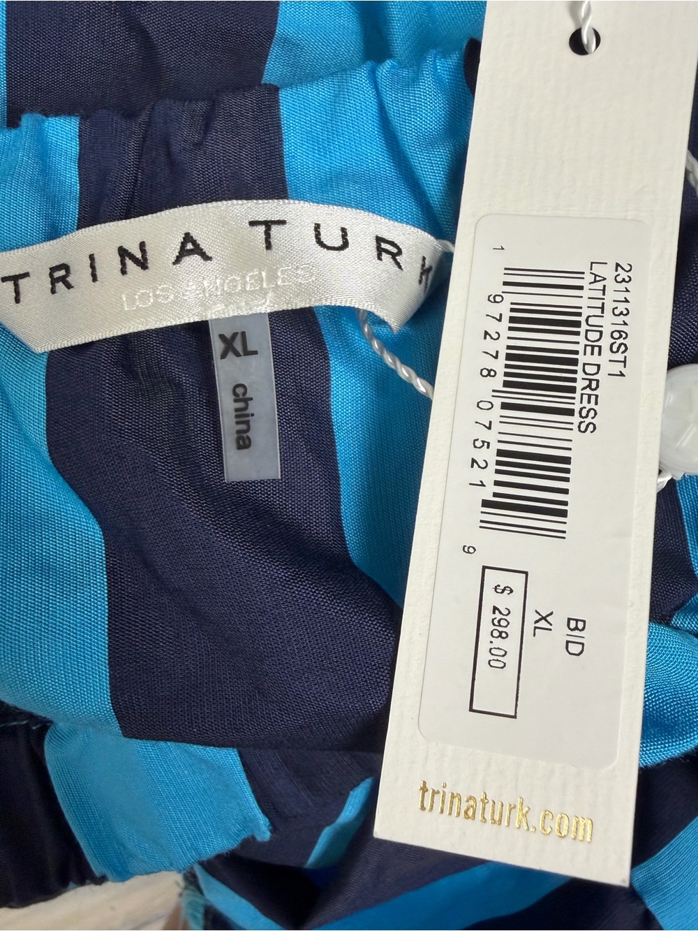 NWT Trina Turk Turquoise and Navy Off-Shoulder Striped Tiered Beach Dress, XL - Picture 4 of 8